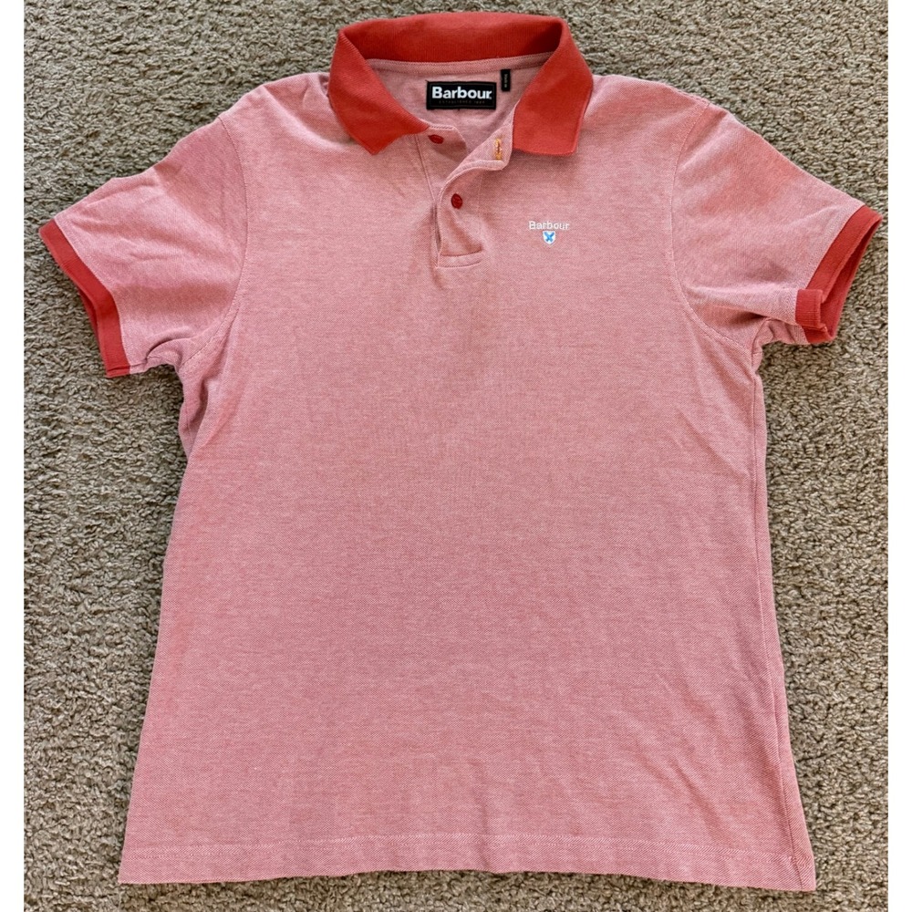 Barbour Mens Short Sleeve Polo Shirt Coral Red Heathered Cotton appropriate Med